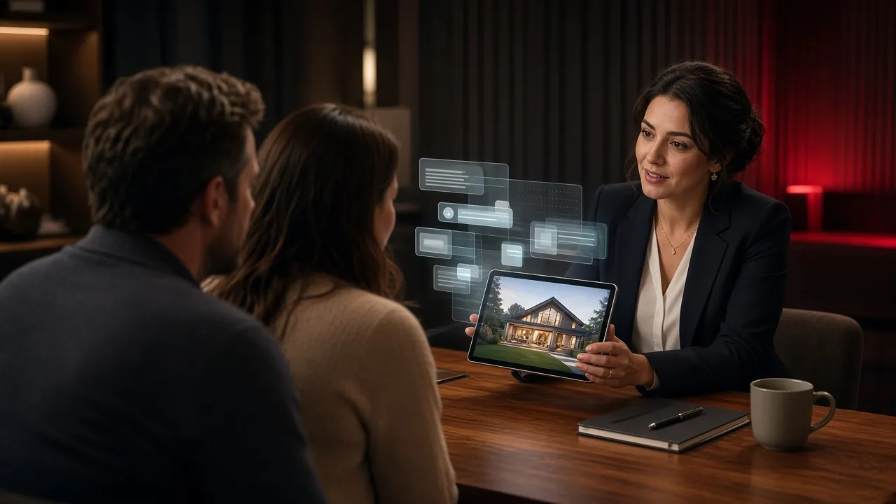 An agent guides a couple through a home on a tablet, with a subtle AI interface glowing beside her