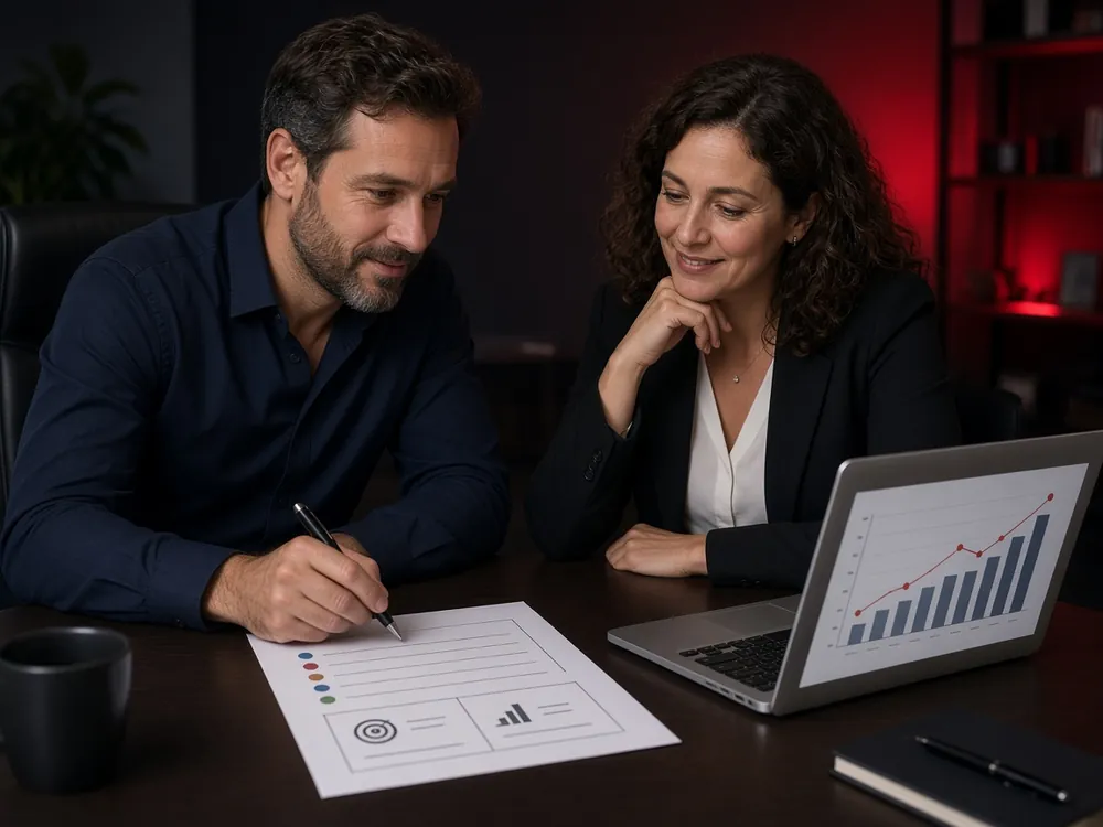 A coach and an agent review a goals worksheet and a growth chart together