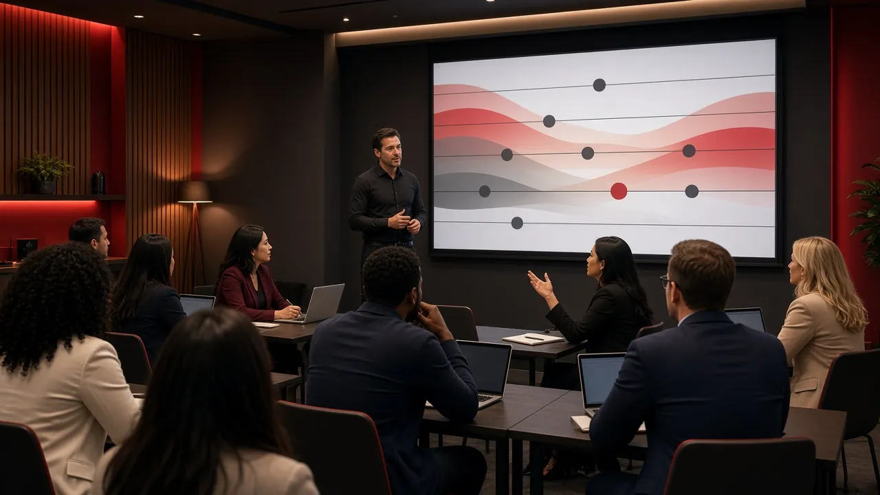 A coach leads an engaged training session for a diverse group of agents with laptops
