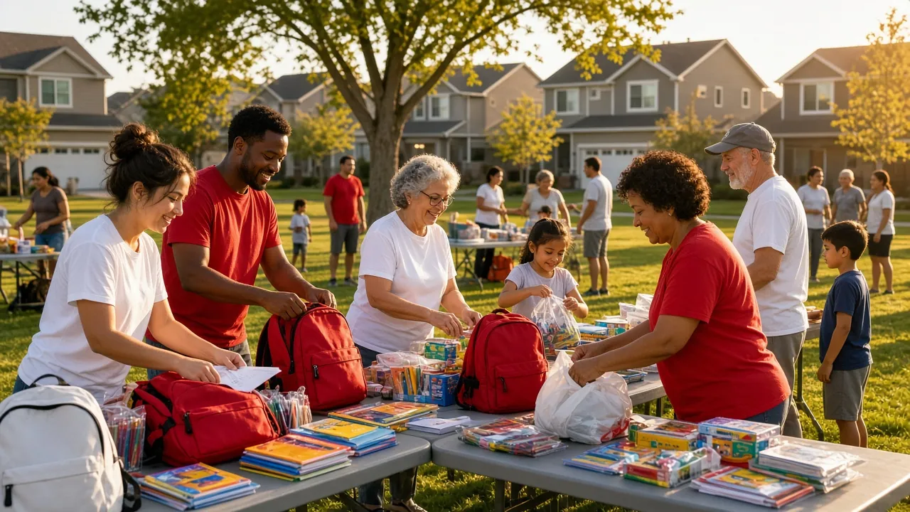 Volunteers pack school supplies and donations at a sunny neighborhood park event