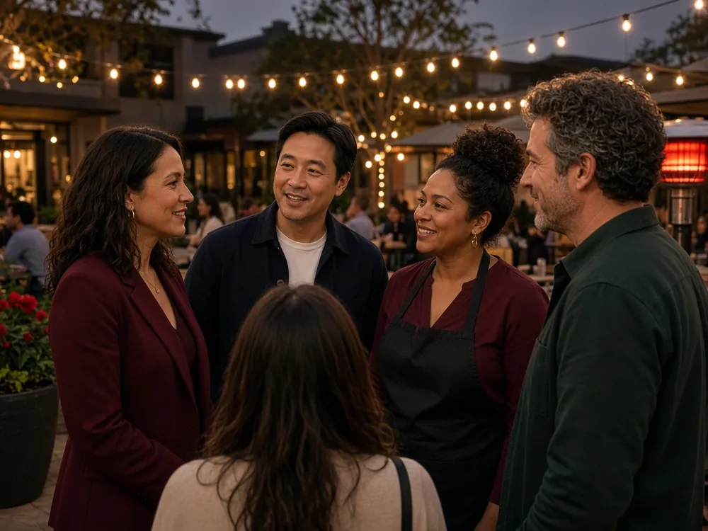 An agent talks with local small-business owners at an evening neighborhood gathering